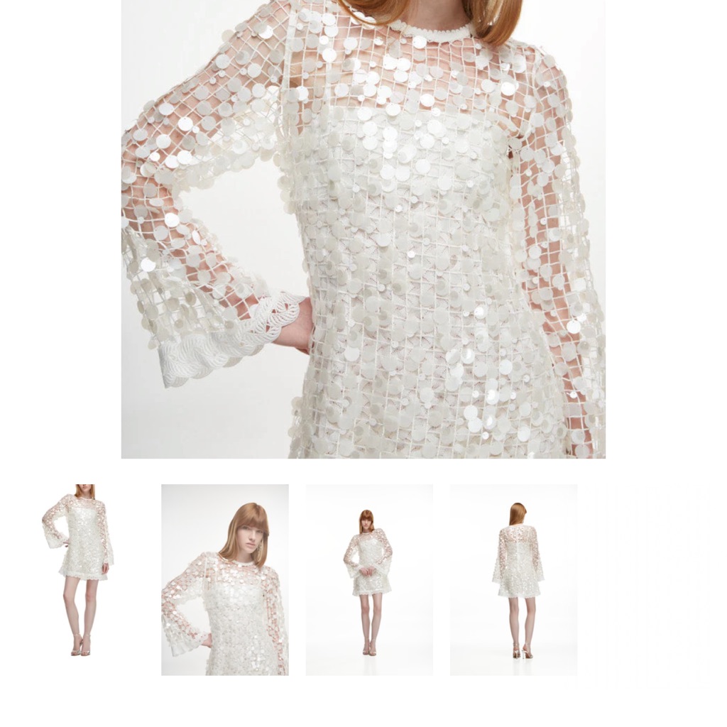White Sequin Mesh Bell-Sleeve Midi Dress